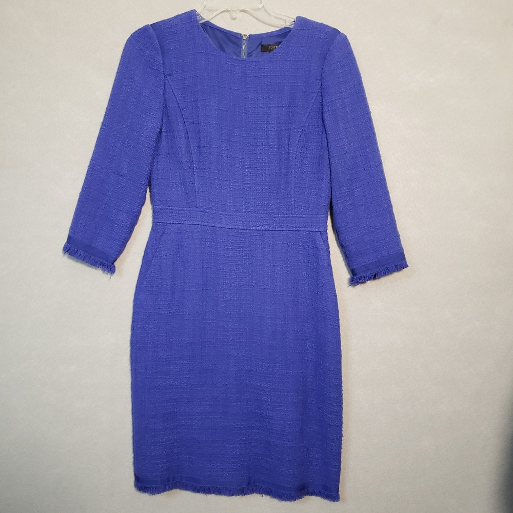 J.Crew 4 Sheath Dress Royal Blue Fringed Tweed Textured Cotton Lined Preppy